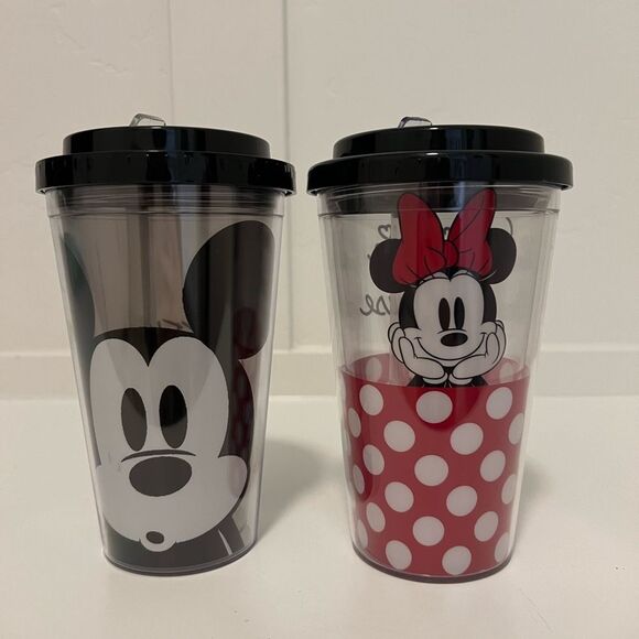 2 Disney Mickey Mouse & Minnie Mouse Flip Straw Tumbler Cup with Straw NEW 16oz - Picture 1 of 5